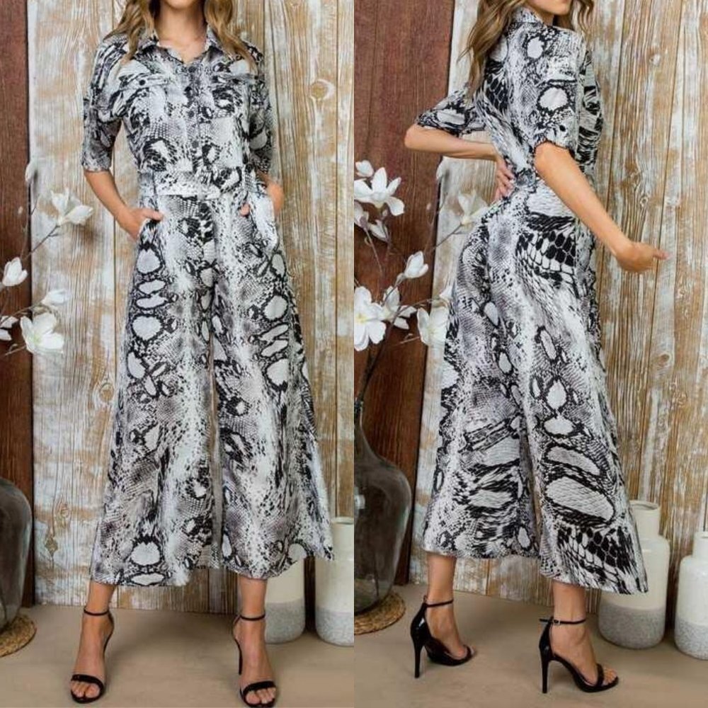 Snake Print Belted Wide Leg Jumpsuit